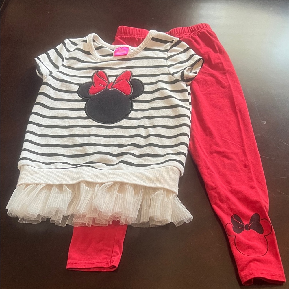 Minnie Mouse Striped Top and Red Leggings Set